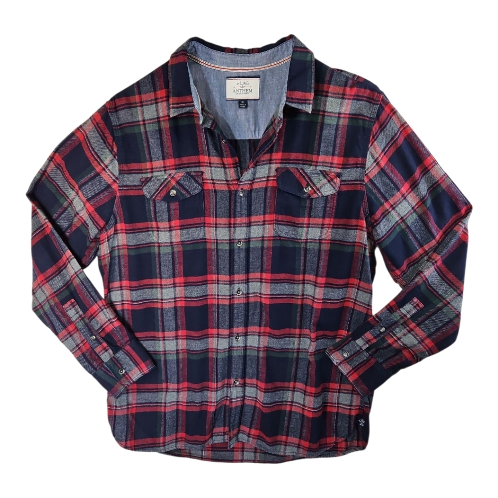 Flag & Anthem Red & Gray Plaid Flannel Shirt Size XL